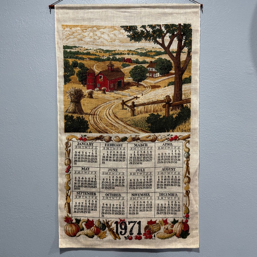 Vintage 1971 Linen Wall Hanging Calendar Rustic Red Barn Farm Scene 17x29